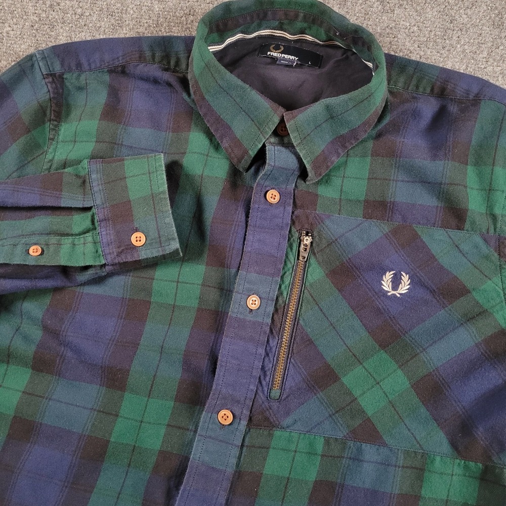Fred Perry Flannel Button Down Shirt Mens Large Green Blue Plaid Zip Pocket